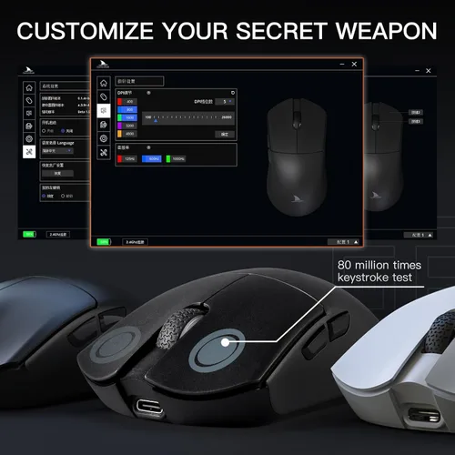 Vista 6 de Darmoshark Mouse inalámbrico para juegos M3, Tri-Mode 2.4GUSB-CBluetooth hasta 26000DPI, sensor óptico PAW3395 ligero, 2.05 oz, 5 botones