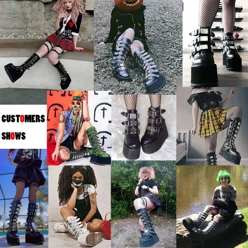 Vista 6 de Botas góticas a la rodilla para mujeres con plataforma estilo combate estilo motocicleta estilo botines