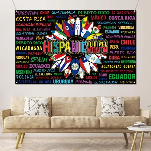 Vista 2 de Sunwer Decoración del Mes Nacional de la Herencia Hispana, telón de fondo para cabina de fotos Latino 21 Países Banderas Español Girasol Escuela