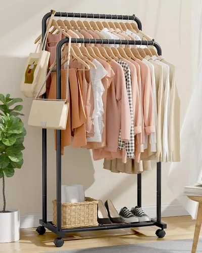 Vista 3 de Sakugi Perchero de Ropa - Perchero de ropa con estante de malla de almacenamiento y ruedas, perchero de metal resistente para colgar ropa, vestidos