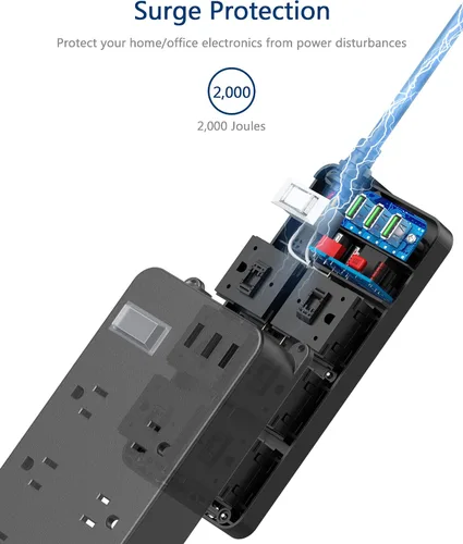 Vista 4 de Regleta de alimentación para exteriores resistente a la intemperie con USB, protector de sobretensiones impermeable, 3 puertos USB, 6