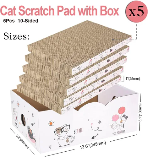 Vista 3 de 5 paquetes en 1 almohadilla para arañazos para gatos con caja, cartón rascador para gatos, reversible, cartón duradero reciclable, adecuado para que
