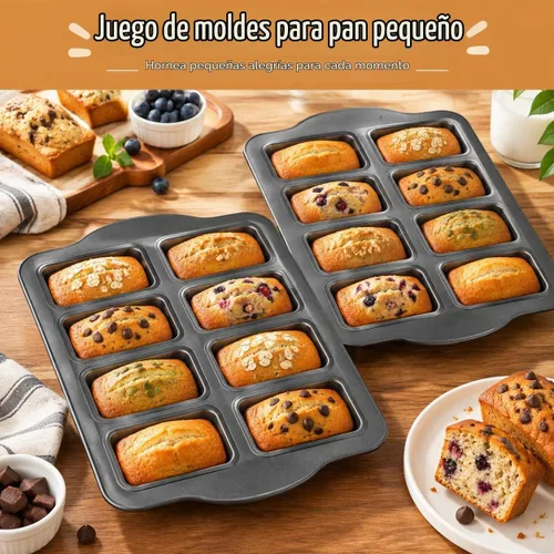 Vista 8 de Lawei Paquete de 2 mini moldes para pan de 8 cavidades, moldes pequeños antiadherentes para pan, moldes rectangulares de acero al carbono para pan