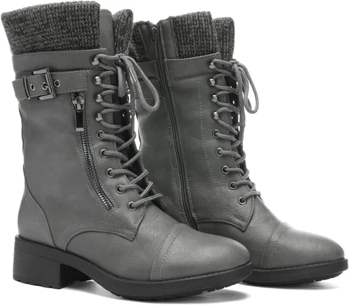 Vista 3 de DREAM PAIRS Botas militares de invierno con cordones a media pantorrilla para mujer