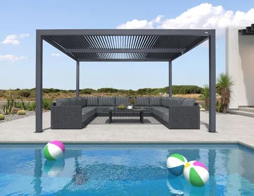 Vista 27 de PURPLE LEAF - Pérgola con listones de 10 x 12 pies, sistema de drenaje 94AS para patio, color gris Premium All-Aluminum Rustproof Build, Modern