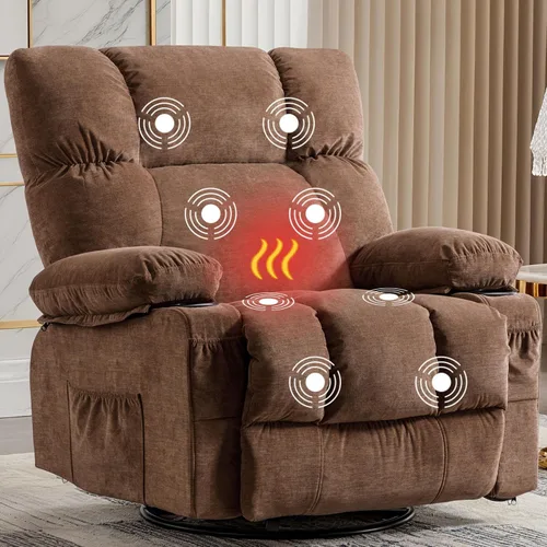 Vista 10 de MAHOMICO Silla reclinable giratoria de gran tamaño con masaje por vibración y calefacción lumbar, giro de 360°, puerto de carga USB, portavasos