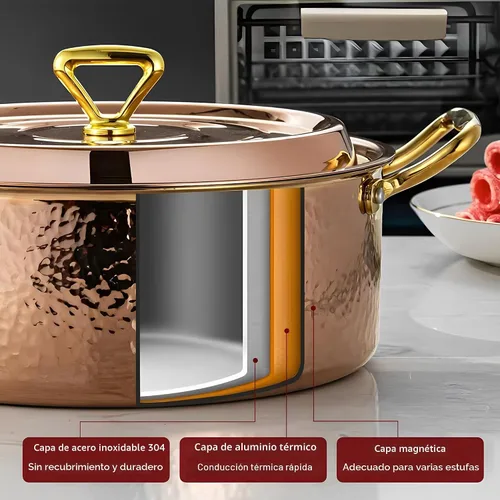 Vista 5 de YJX olla de 4.2QT con tapa martilleada, oro rosa de cobre, acero inoxidable tricapa, utensilio de cocina multifuncional para hornear, asar, guisar