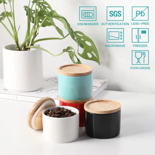 Vista 2 de Sweejar Kitchen Canisters - Tarro de cerámica para almacenamiento de alimentos, recipientes apilables con tapa de madera y sello hermético