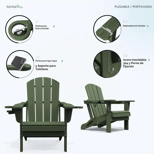 Vista 5 de SERWALL Juego de 4 sillas Adirondack para exteriores con portavasos, aguacate Palta
