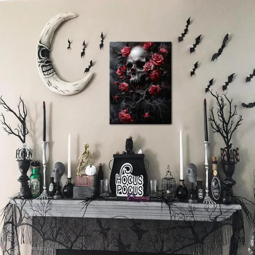 Vista 9 de Juego de 3 lienzos góticos para pared, diseño de rosas románticas de Halloween, decoración de pared, pósteres de calavera de cuervo gótico oscuro