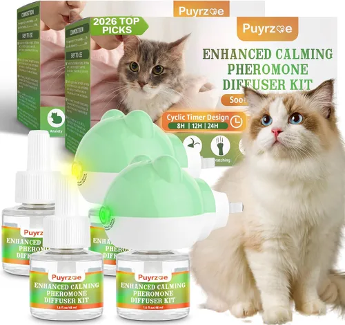 Vista 9 de puyrzoe Difusor calmante para gatos con función de temporizador, kit de difusor calmante de feromonas para gatos 3 en 1, alivio de la ansiedad de 60