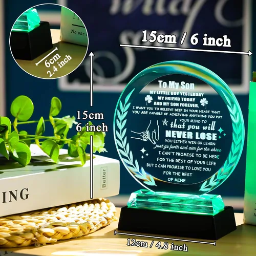 Vista 4 de Regalos para hijo de mamá, papá a mi hijo, regalos de placa de cristal con base colorida, regalos de cristal significativos para adultos, hijo