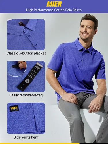 Vista 2 de MIER Camisas polo para hombre, ajuste regular, de algodón, de manga corta, transpirable, casual, con cuello