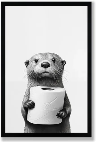 Vista 26 de Arte de pared de lienzo enmarcado para baño con oso negro tierno, decoración divertida para baño con animales, adorable oso con papel higiénico