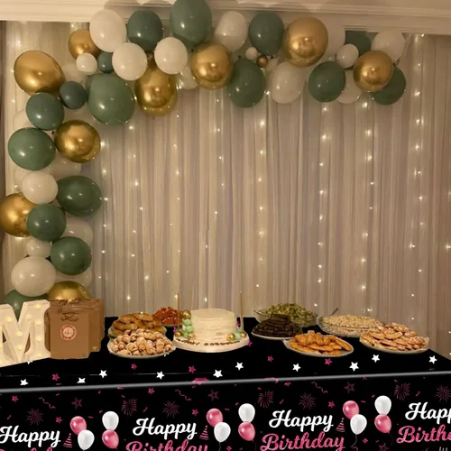 Vista 6 de MRJ Black Party Supplies - Paquete de 3 manteles de feliz cumpleaños con estrellas rosas y negras, decoraciones perfectas para fiestas de cumpleaños