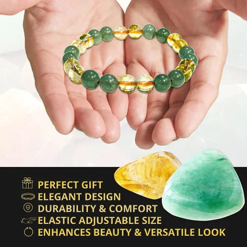 Vista 4 de Citrine, Green Aventurine Bracelet Healing Crystal Bracelet for Women and Men 8mm Round Beaded Bracelet for Good Luck, Wealth, Abundance Elastic