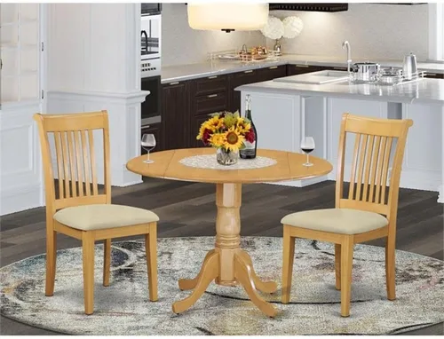 Vista 2 de East West Furniture DLPO3-OAK-C Dublin - Juego de 3 piezas que contiene una mesa de comedor redonda con gotas y 2 sillas de cocina de tela de lino