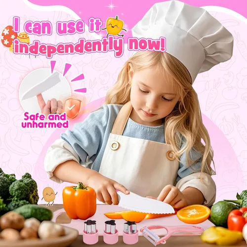 Vista 2 de 9 piezas de juego de cuchillos seguros para niños para cocina real, juego de cuchillos de cocina para niños con tabla de cortar, cortador