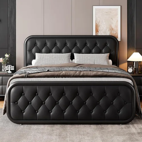 Vista 7 de GalnFu Marco de Cama de Metal Completo, Cama Tapizada con Cabecero y Pie de Cama de Cuero Capitoné, Cama de Plataforma en Forma de U de Servicio