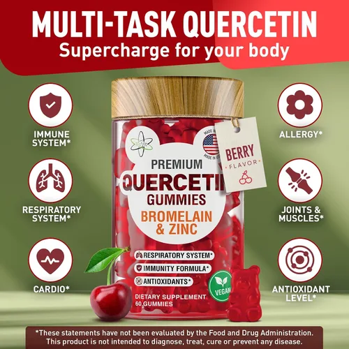 Vista 4 de BioVit Gomitas de quercetina de 500 mg – Quercetina activada para niños y adultos, sistema inmunológico y alergia – Masticables con bromelina, zinc