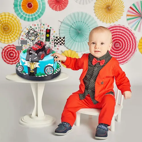 Vista 6 de MEMOVAN Decoración para tarta de camiones, decoración de tarta de camión para niños, coche de carreras para tarta de cumpleaños, decoración