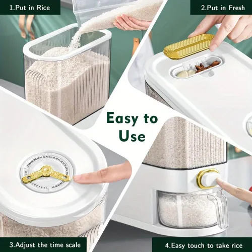 Vista 2 de Dispensador de arroz de 11.0 lbs/22.0 lbs – Contenedor grande de almacenamiento de despensa con taza medidora y marcas de tiempo Dispensador