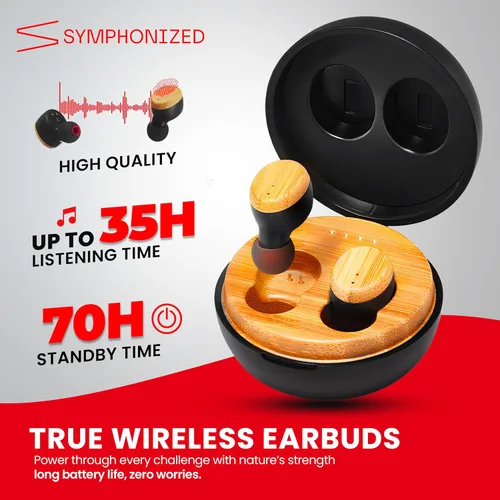 Vista 5 de Symphonized Auriculares inalámbricos de madera con graves profundos, 35 horas de reproducción de sonido 3D. Cancelación de ruido con micrófono.