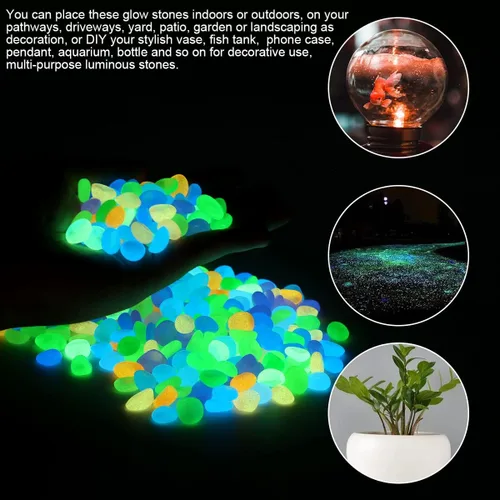 Vista 7 de 300 piedras decorativas que brillan en la oscuridad, piedras de jardín, piedras luminosas, rocas que brillan con luz y energía solar para decoración