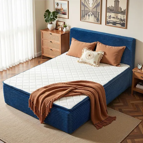 Vista 17 de Base de cama matrimonial sin hueso con cabecera de colchón, cama sin Beige