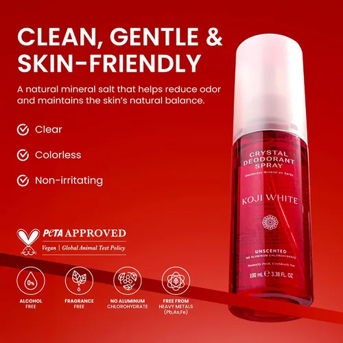 Vista 6 de Koji White Even Tone Desodorante Desodorante de sal en aerosol de cristal para mujeres, desodorante sin perfume para pieles sensibles, piedra