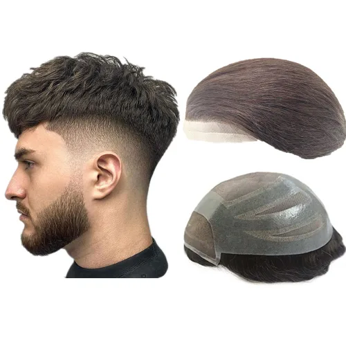 Vista 8 de N.L.W.- Peluquín para hombres, piezas de pelo para hombre Sistema europeo de reemplazo de cabello humano virgen para hombres, pieza de cabello