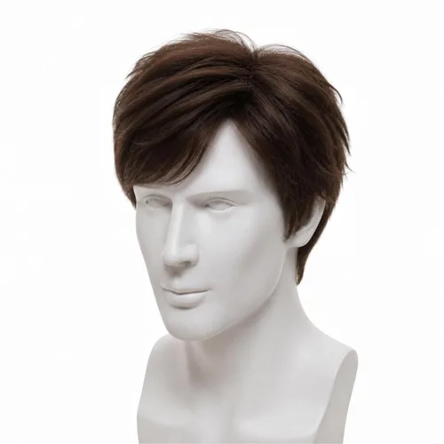 Vista 5 de Peluca corta marrón para hombre, parte lateral natural, sintética