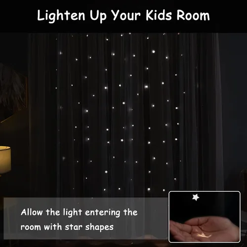 Vista 7 de Cortinas opacas con recorte de estrellas y arcoíris para guardería/habitación de niños/niñas, con superposición de tul, 2 paneles, cada una de 52