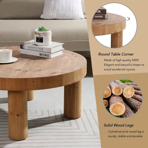 Vista 5 de RUSTOWN - Mesa auxiliar redonda de 2 piezas con patas gruesas de madera maciza Rustic Coffee Table Sets, Natural Circle Wooden Ring Finish