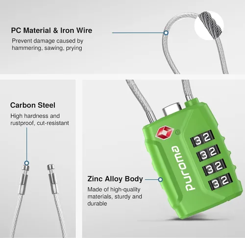 Vista 5 de Puroma Paquete de 2 cerraduras de equipaje aprobadas por la TSA, cerradura de viaje con combinación de 4 dígitos con cuerpo de aleación de zinc