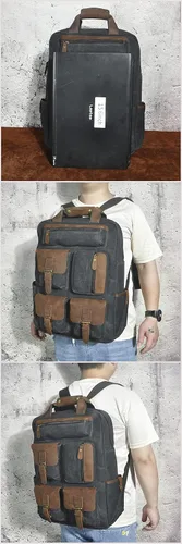 Vista 3 de Le'aokuu Lona y cuero genuino impermeable unisex adulto mochila diaria mochila casual bolsa de viaje, Negro