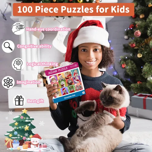 Vista 5 de Bestbase Rompecabezas de Navidad de 100 piezas para niños, gatos de Navidad, rompecabezas multicolor para edades de 4 a 8 años, 3 a 5, 8 a 10