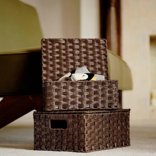 Vista 2 de GRANNY SAYS Canastas de mimbre con tapas, juego de 3 cajas de almacenamiento decorativas, canasta tejida para organizar, canastas de almacenamiento