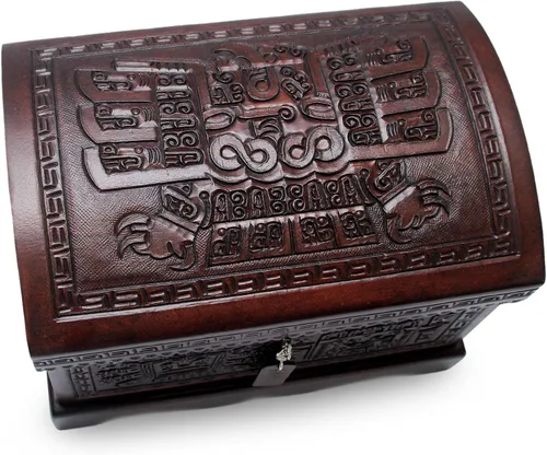Vista 11 de NOVICA Caja de joyería de madera y cuero labrado Mohena con temática colonial, legado colonial