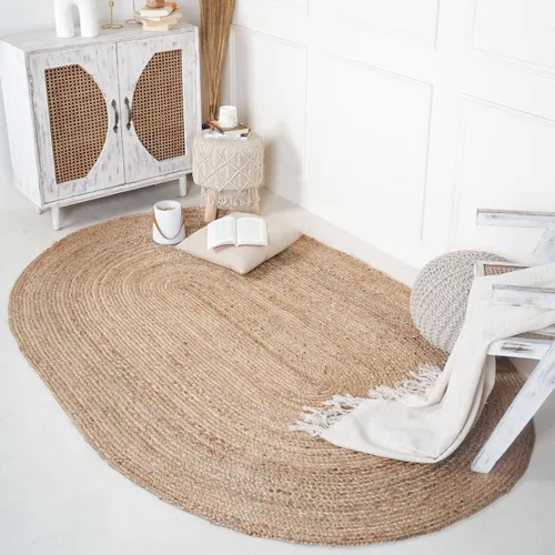 Vista 8 de RAJRANG Alfombra de yute natural de 2 x 3 pies, ovalada, reversible, para dormitorio, cocina, sala de estar