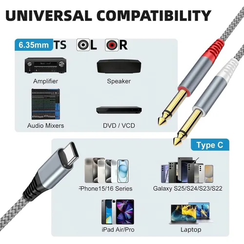 Vista 2 de Cable de audio USB C a 1/4 de pulgada, cable mono USB C a TS dual, cable de audio TS de 0.250 in a doble TS para smartphone, tableta, laptop enlace