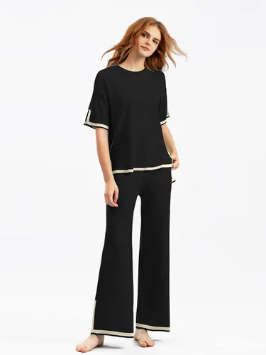 Vista 2 de Hqzoomee Conjunto de 2 piezas de suéter de punto para mujer, suéter de punto de manga corta, pantalones de pierna ancha