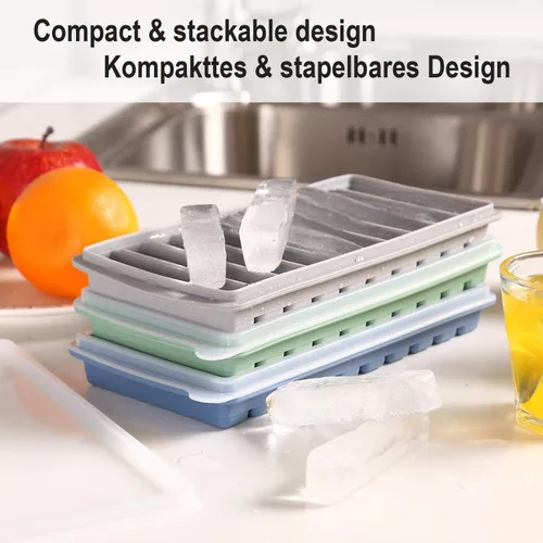 Vista 2 de LessMo 2 bandejas para cubitos de hielo, bandeja larga para palitos de hielo de silicona con tapa, palo estrecho rectangular, reutilizable, Azul