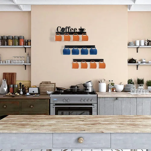 Vista 5 de Soporte de pared para taza de café con 12 ganchos, 3 paquetes de estante de metal para tazas con letrero de té, colgador de tazas para bar