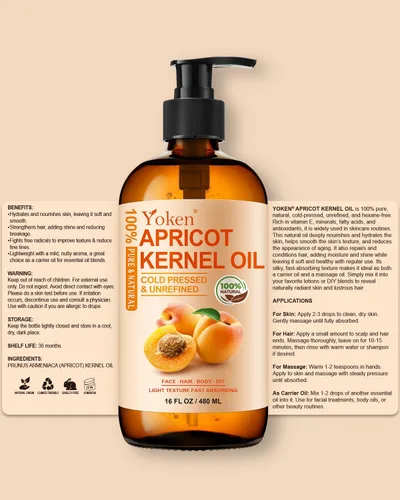 Vista 7 de Yoken Aceite de albaricoque prensado en frío, botella de vidrio de 16 onzas líquidas, aceite de albaricoque 100% puro y natural, portador ligero