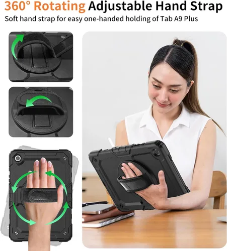 Vista 4 de DUNNO Funda para Samsung Galaxy Tab A9+ Plus de 11 pulgadas 2023, a prueba de golpes con protector de pantalla, soporte giratorio de 360°, correa