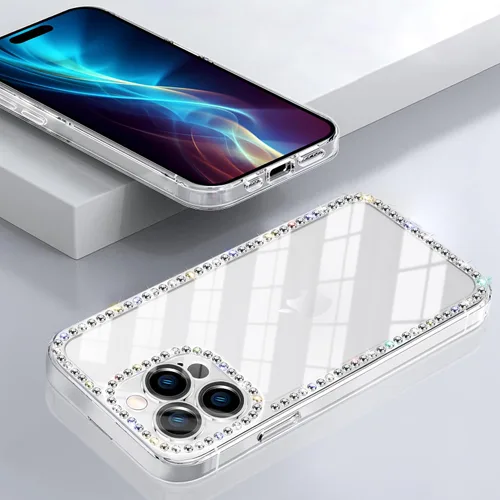 Vista 6 de Funda para iPhone 15, diseño de diamantes de imitación con purpurina, bonita para niñas y mujeres, con purpurina brillante y gemas de diseño