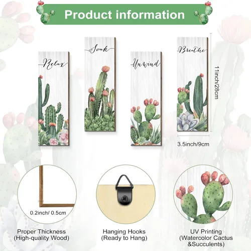 Vista 2 de Amyhill 4 piezas de decoración de pared de cactus Relax Soak Unwind Breathe - Decoración de pared de cactus de madera para colgar en la pared