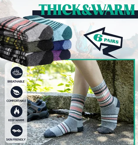 Vista 5 de DoSmart Calcetines de senderismo de lana merino para niños y niñas, térmicos, cálidos, gruesos, acogedores, acolchados, 6 pares