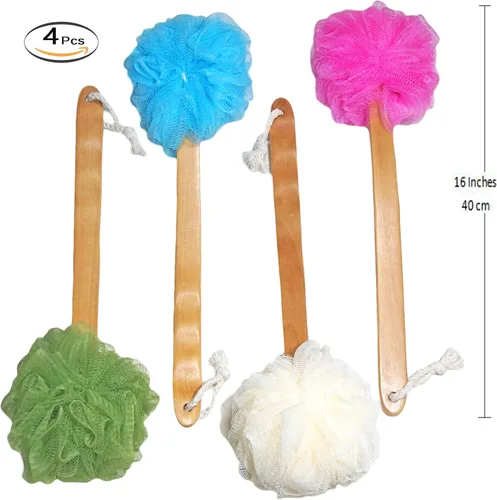 Vista 2 de Paquete de 4 esponjas de ducha para el cuerpo y la espalda – Esponja exfoliante lufa luffa cepillo de baño en un palo – con mango largo de madera